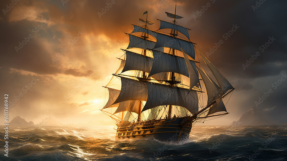 Drawing sailing ship ocean with the scenery storm cruise picture AI generated art