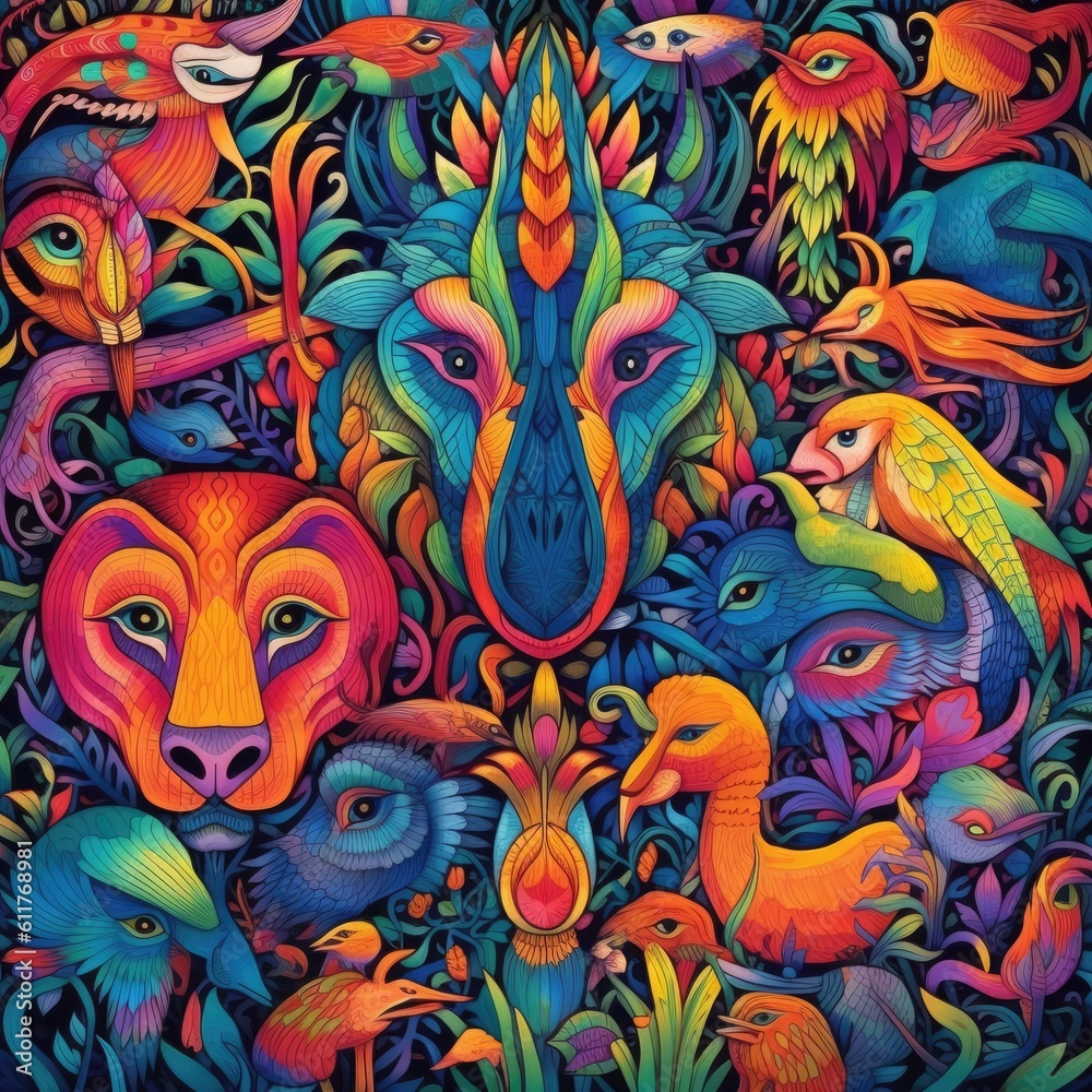 Design a colorful and abstract pattern inspired by the unique features of animals