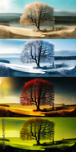 Captivating seasonal collage featuring a single tree in a lush meadow, vividly portraying the beauty of winter, spring, summer, and autumn. Feel nature's emotions. Generative AI