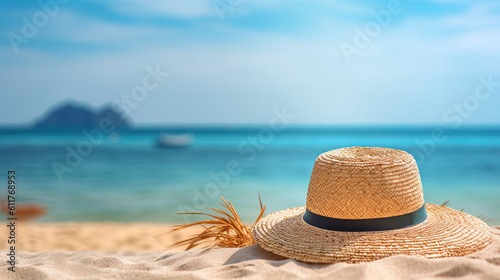 Coastal Fashion Statement  Capturing the Allure of a Straw Hat on a Tropical Beach Vacation. Copy Space  Free Space for Text. Ai Generative.