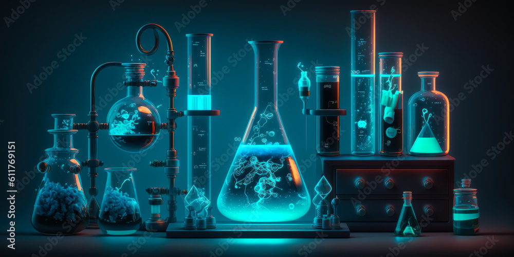 Captivating fluorescent science lab equipment, glowing in the dark