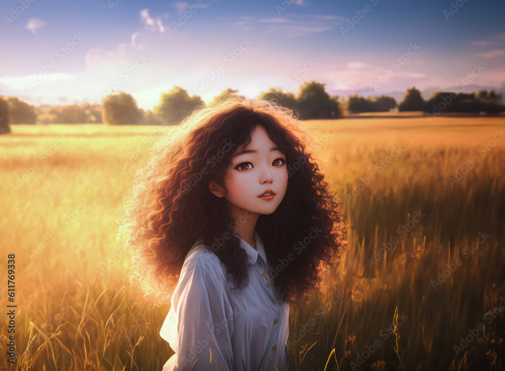Beauty asian girl in a sunlit field. Generative AI. Beauty asian girl in a sunlit field. Generative AI.