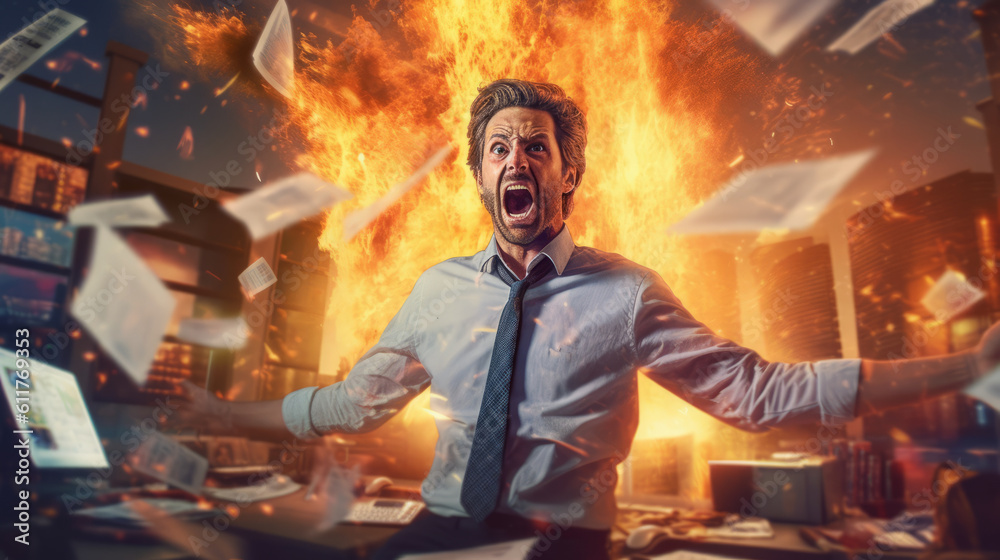 The boss is angry at the employees and sales staff in the business center, the director explodes with anger and rage over the bankruptcy. Created with AI.