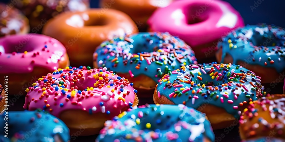 AI Generated. AI Generative. Photo illustration of sweet deserts donuts bright color. Present party vibe. Graphic Art AI Generated. AI Generative. Photo illustration of sweet deserts donuts bright color. Present party vibe. Graphic Art