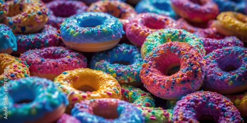 AI Generated. AI Generative. Photo illustration of sweet deserts donuts bright color. Present party vibe. Graphic Art