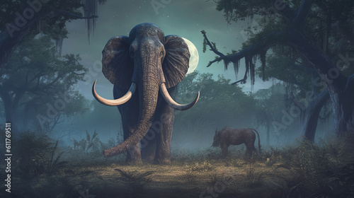 Mammoths prehistoric animals of the ice age  portraits of ancient elephants. Created in AI.