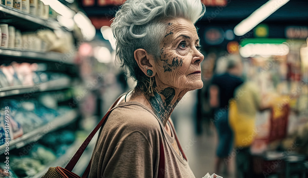 Tattooed grandmother in the grocery store. Senior woman shopping. Generative AI Tattooed grandmother in the grocery store. Senior woman shopping. Generative AI