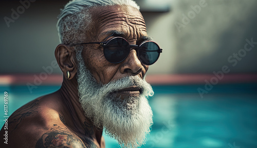Elderly black man with sunglasses in the pool. Generative AI