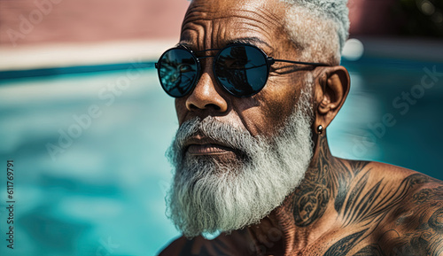 Close up of an old black man in the pool. Cool grandfather with beard and sunglasses. Generative AI