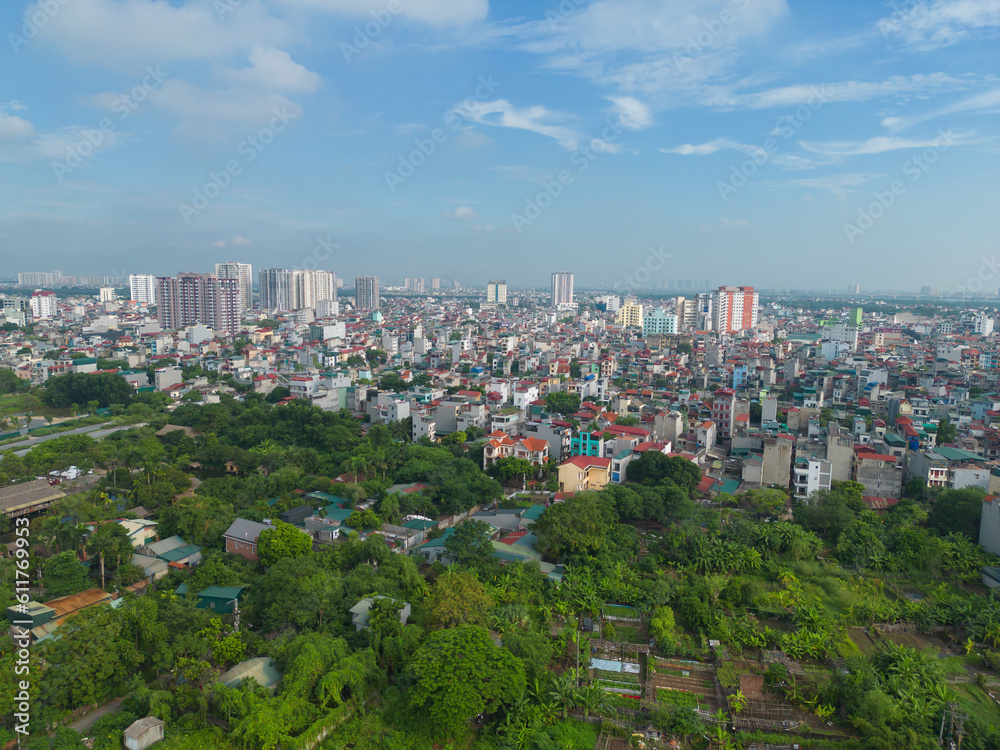 Aerial view of Hanoi Downtown Skyline, Vietnam. Financial district and business centers in smart urban city in Asia. Skyscraper and high-rise buildings.