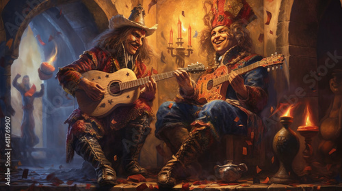 Rock musicians in the medieval style of jesters and funny clowns play guitars and balalaikas in the castle dungeon. Created in AI.