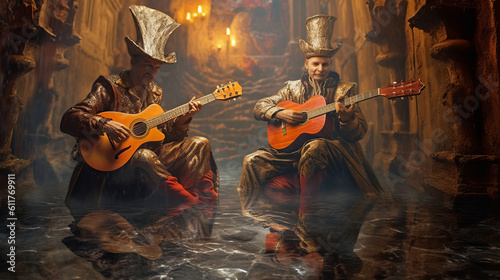 Rock musicians in the medieval style of jesters and funny clowns play guitars and balalaikas in the castle dungeon. Created in AI. photo