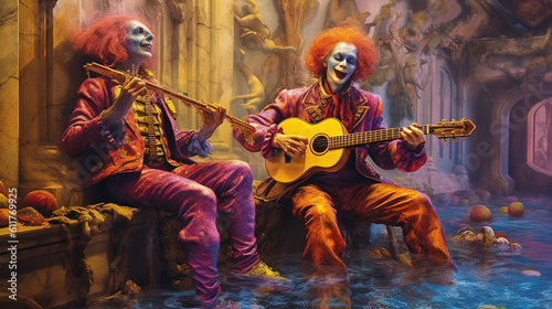 Rock musicians in the medieval style of jesters and funny clowns play guitars and balalaikas in the castle dungeon. Created in AI. © Ренат Хисматулин