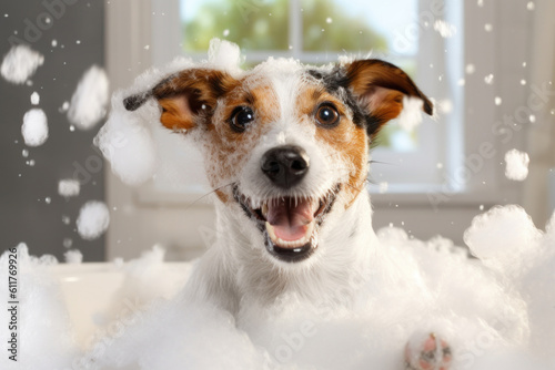Photo Funny joyful jack russell terrier dog in bathtub, soap foam flying all around