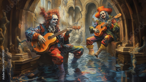 Rock musicians in the medieval style of jesters and funny clowns play guitars and balalaikas in the castle dungeon. Created in AI. © Ренат Хисматулин