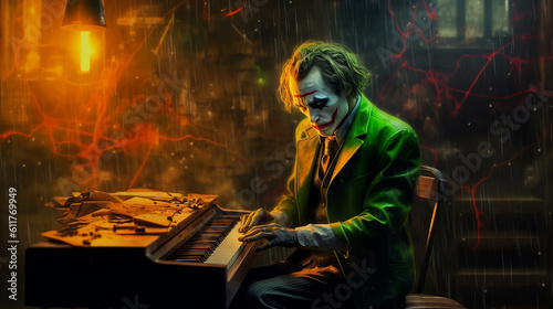 Rock and roll musician in steampunk joker style plays piano, scary clown performs composition. Created in AI. photo