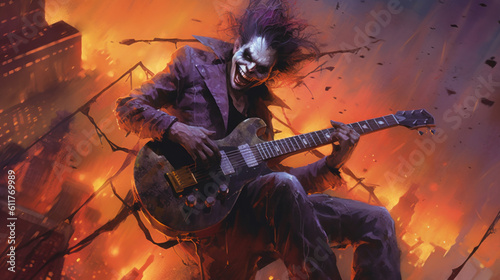 Rock and roll musician in steampunk joker style plays the guitar, clown on the roof of a skyscraper in a storm. Created in AI.
