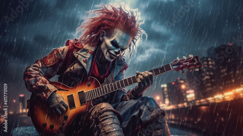 Rock and roll musician in steampunk joker style plays the guitar, clown on the roof of a skyscraper in a storm. Created in AI.