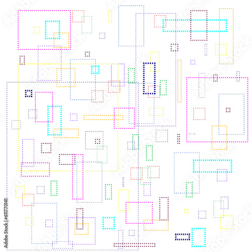Background made of white squares of various sizes with colored dashed line edges. Vector illustration.