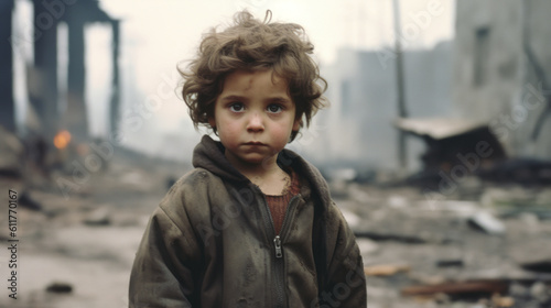 Obraz na płótnie The orphaned boy of Syria and Ukraine looks with hungry eyes