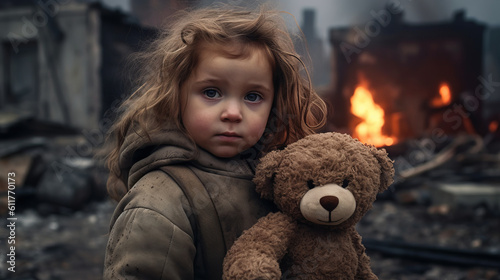 Little frightened girl with a toy who survived the fire. Echoes of war. Created in AI.