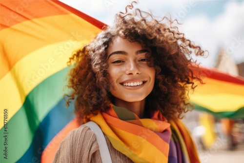 Happy woman with curly hair in front of a rainbow flag from the LGBT community. AI generated, human enhanced