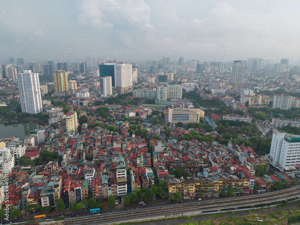 Aerial view of Hanoi Downtown Skyline, Vietnam. Financial district and business centers in smart urban city in Asia. Skyscraper and high-rise buildings.