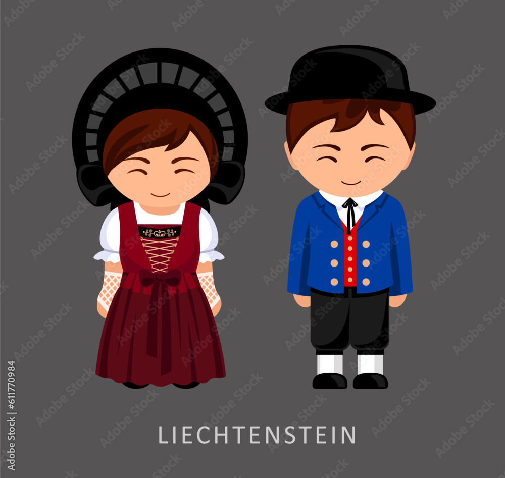 Woman and man in national costume. Liechtensteiners couple, cartoon characters in traditional Liechtenstein ethnic clothes. Flat vector Woman and man in national costume. Liechtensteiners couple, cartoon characters in traditional Liechtenstein ethnic clothes. Flat vector