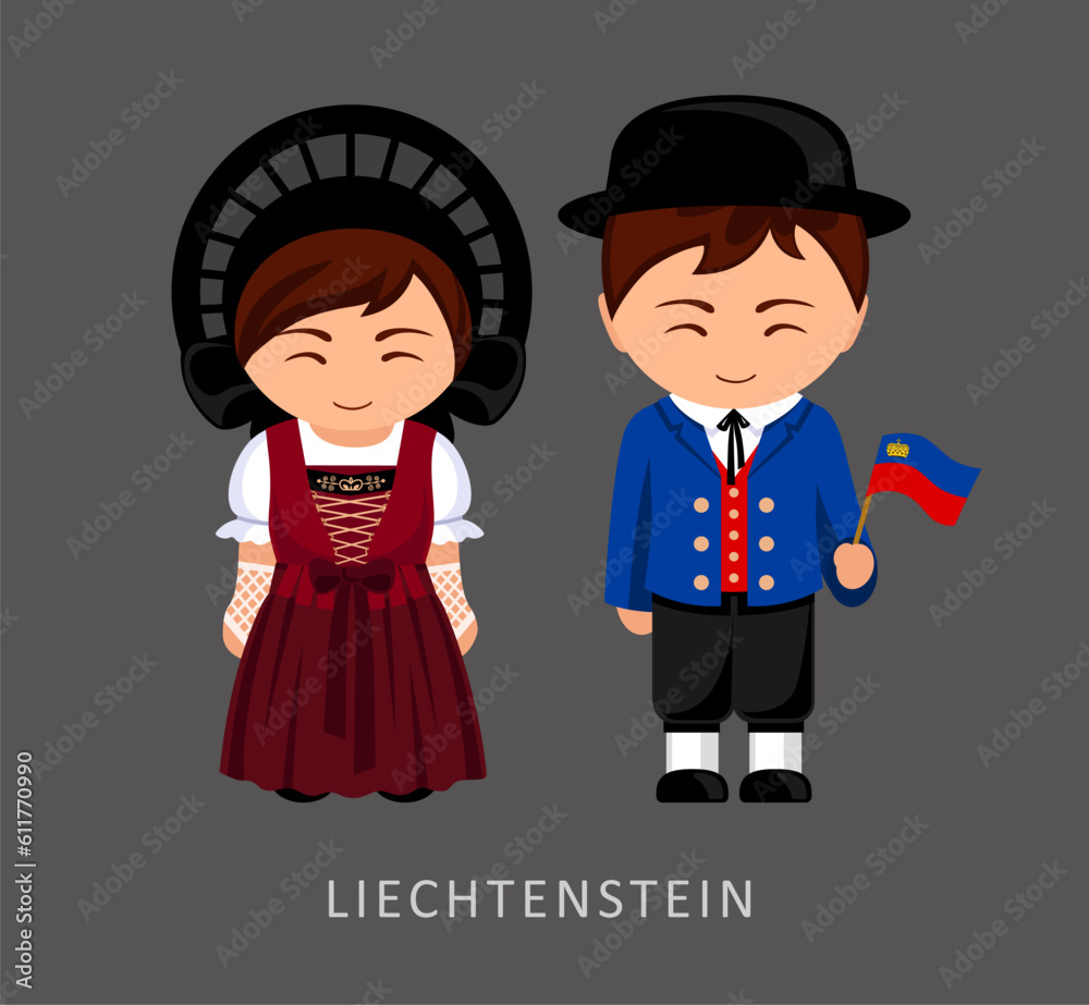 Woman and man in Liechtenstein national costume. Liechtensteiners couple, cartoon characters in traditional ethnic clothes. Flat vector illustration.