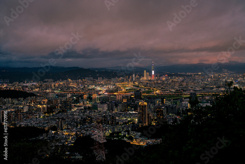 Night scenery of the Taipei city lights, evening time, seeing from top of the mountain. 