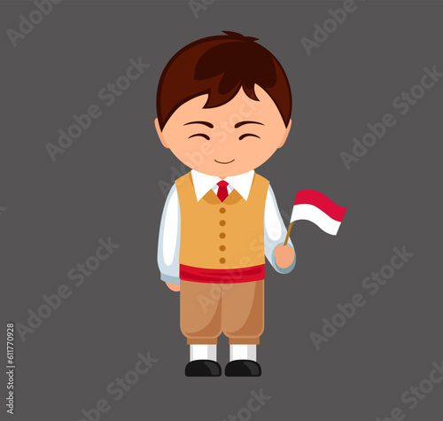 Monegasque male cartoon character in traditional ethnic costume with Monaco national flag. Man in clothes. Isolated flat vector illustration.