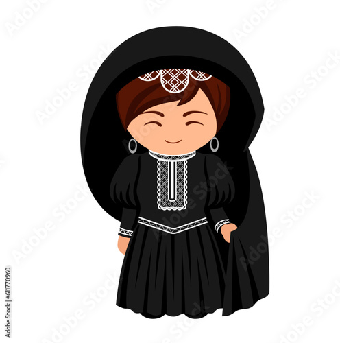 Maltese female cartoon character in traditional ethnic dress. Woman in Malta national costume. Isolated flat vector illustration.