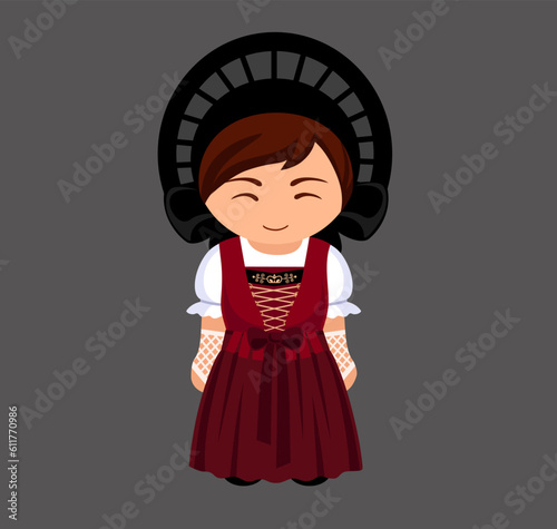 Liechtensteiner female cartoon character in traditional ethnic dress. Woman in Liechtenstein national costume. Isolated flat vector illustration.