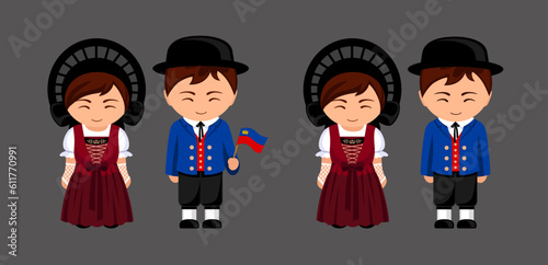 Liechtensteiners in national costume. Couple in Liechtenstein traditional clothes. Man and woman cartoon character. Isolated flat vector illustration.