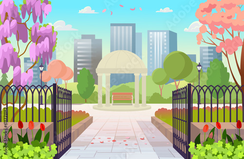 Blooming park in spring. Entrance to the park day. Open gates to the park. Beautiful summer park with gazebo, rotunda, benches, lanterns. Flat cartoon style.