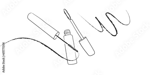 Mascara cosmetics outline. Eyeliner makeup continuous one line drawing. Decorative eyebrow cosmetics on white background