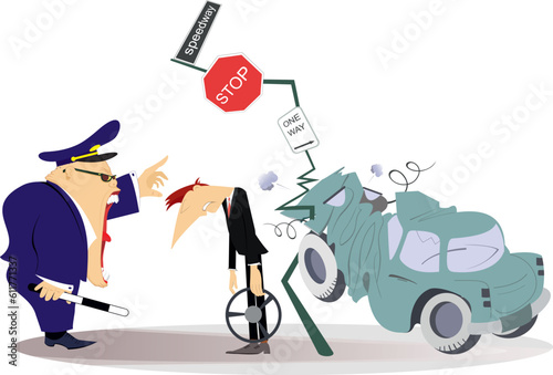 Traffic accident. Traffic police. Car driver.
Angry traffic cop, car driver and car smashed into road sign
