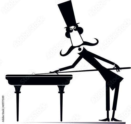 Man in the top hat playing billiards at club. 
Cute long mustache man in the top hat holding a cue and snooker ball. Black and white illustration
