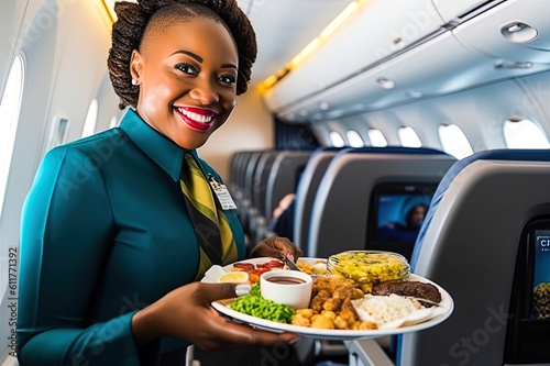 An African-American flight attendant delivers lunch to passengers on an airplane. Generative AI.