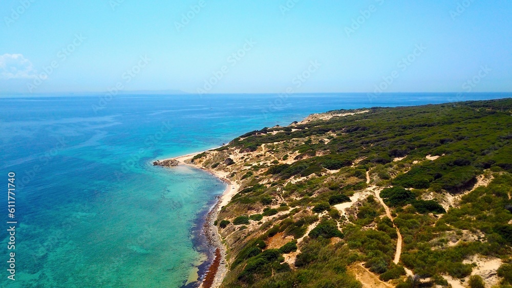 aerial view of the beautiful coastline at the Punta Paloma beach near Valdevaqueros, Tarifa, Andalusia, province of Cádiz, Spain aerial view of the beautiful coastline at the Punta Paloma beach near Valdevaqueros, Tarifa, Andalusia, province of Cádiz, Spain