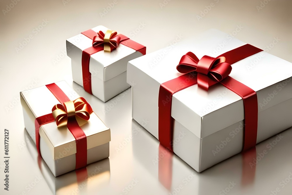 Fototapeta premium White gift box with a red bow. Created with generative Ai technology.