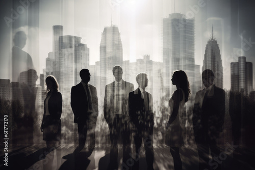 Silhouette of business people at office.Many business people conference group meeting on city office building in background showing partnership success of business deal. Generation AI © OLGA