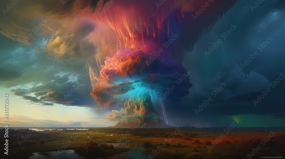 beautiful but scary big cloud tower covered sky with gradient colorful rainbow light, Generative ai
