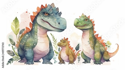 Fototapeta Naklejka Na Ścianę i Meble -  Watercolor of dad dinosaur and son dinosaur. Generative AI