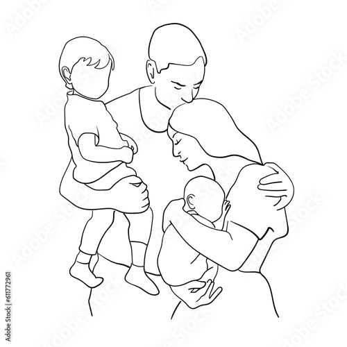 Happy family with kids line art on white background. Parents and newborn minimal design for card template. Outline vector illustration