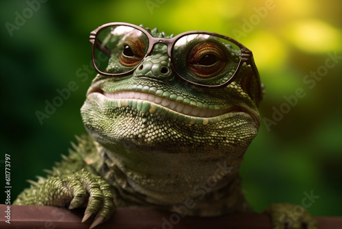 lizard glasses close-up wildlife portrait animal reptile green iguana scale. Generative AI.