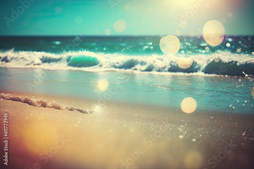 Background of a tropical beach with bokeh waves of light and the sun. Idea for an outdoor summer adventure excursion in the copy space. a color scheme with a retro tone filter. Generative AI