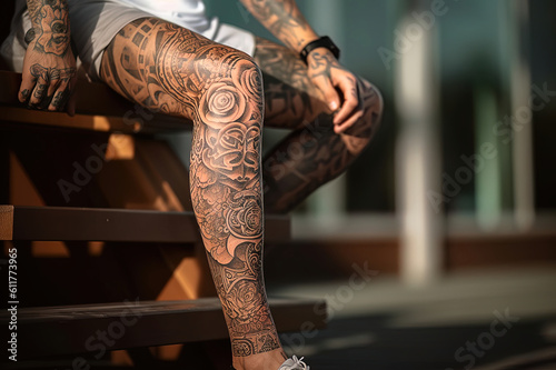 Male legs with tattoos close up. Generative AI