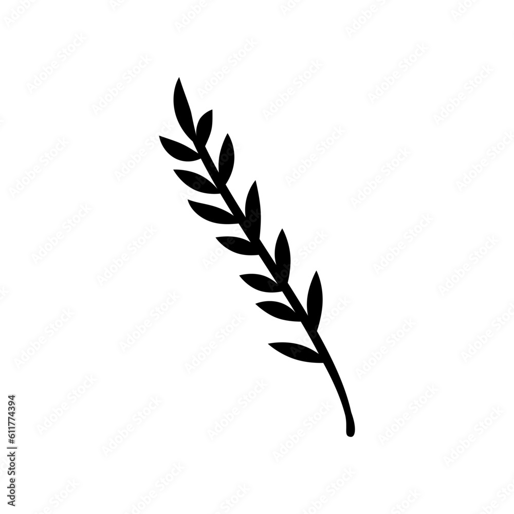 Black botanical branch with small leaves. Clipart.