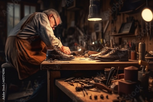 Shoemaker repairs shoes in the workshop. Close-up. Generative AI © ЮРИЙ ПОЗДНИКОВ